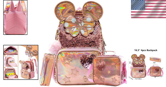 Cute Adjustable Sequin Backpack Set for Girls - Includes Lunch Box & Pencil Case