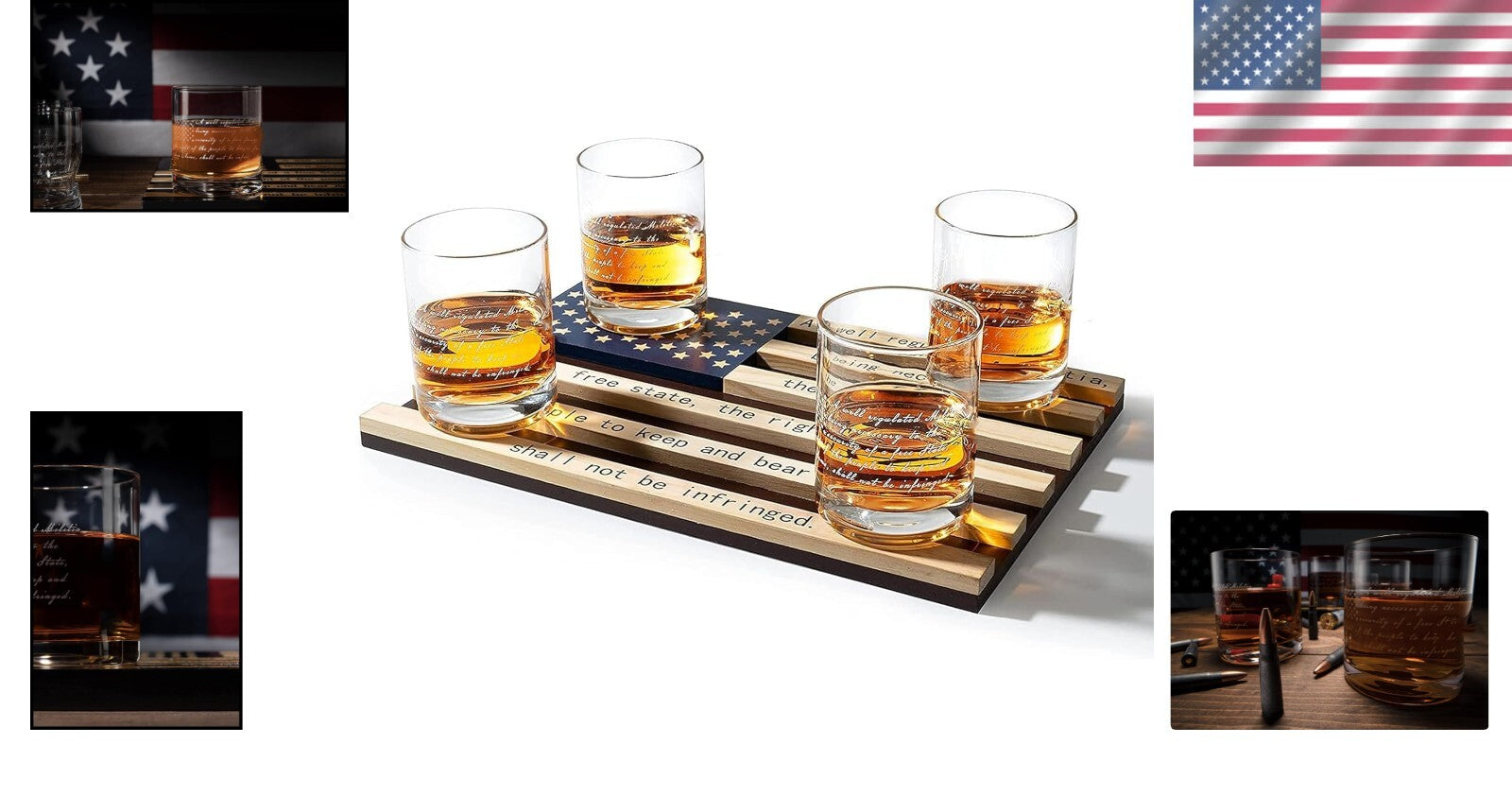 Patriotic Whiskey Rocks Glasses Set with Elegant Wood Tray - 2nd Amendment Gift