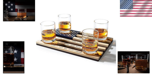Patriotic Whiskey Rocks Glasses Set with Elegant Wood Tray - 2nd Amendment Gift
