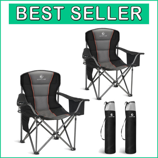 Ergonomic Padded Folding Camping Chair with Cooler & Cup Holder - Twin Pack