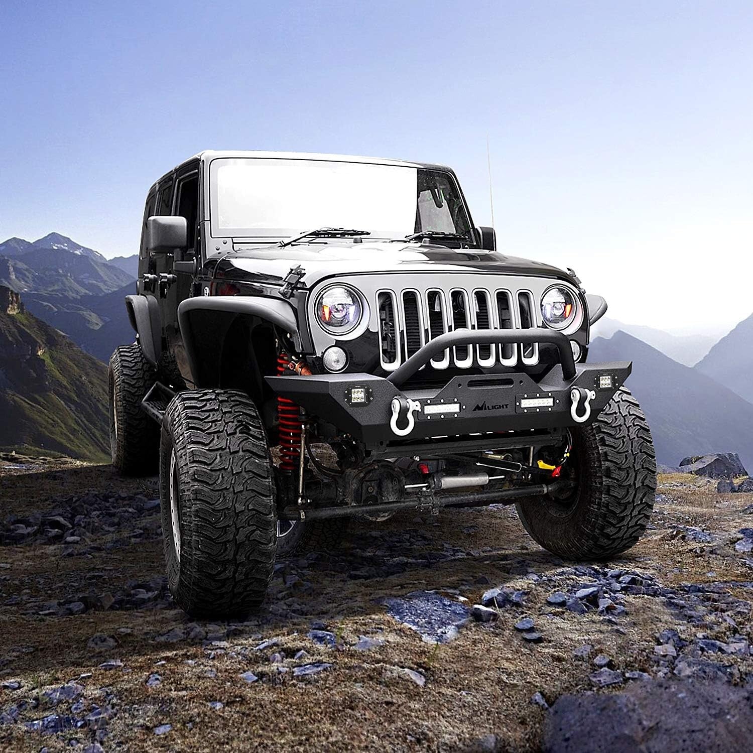 Durable Jeep Wrangler Front Bumper with Built-in LED Lights & D-ring Isolators