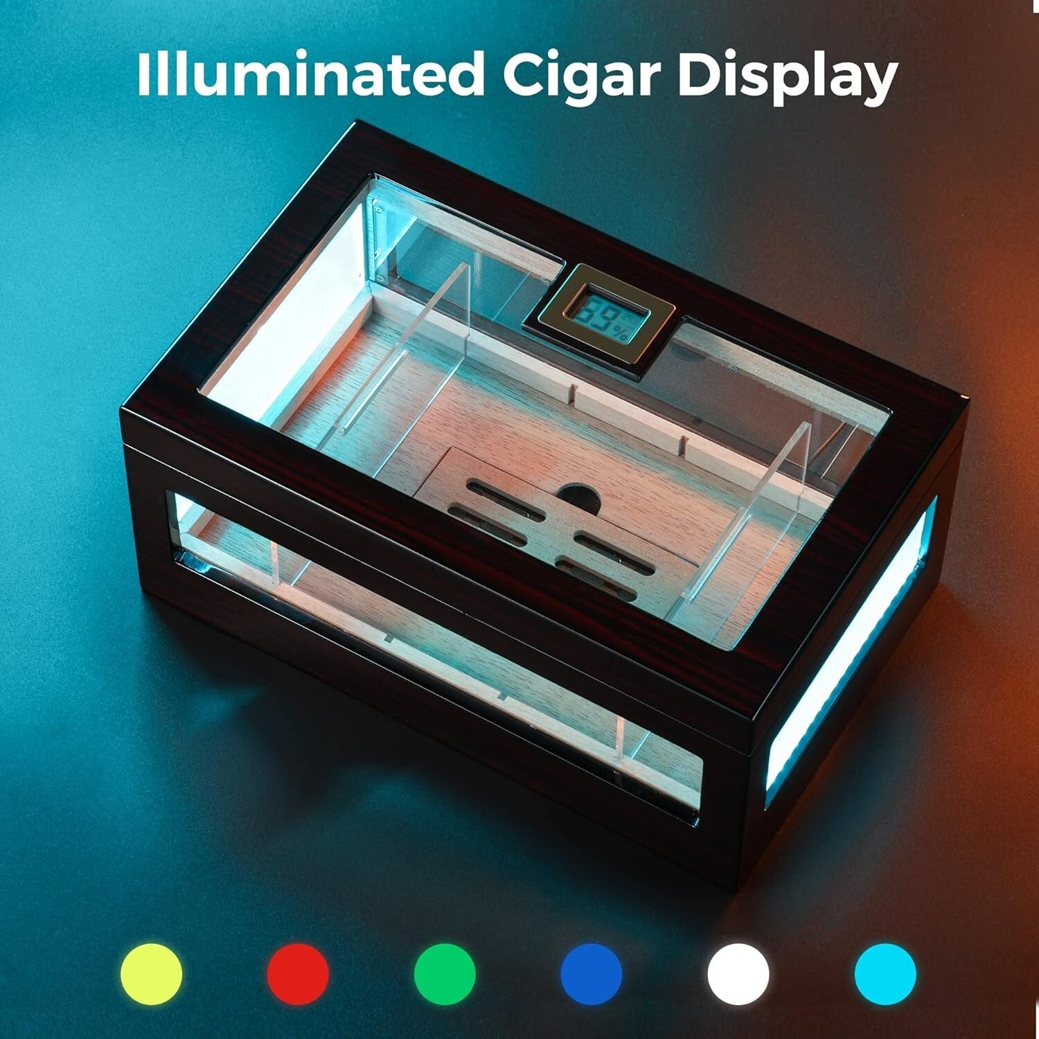 Stylish Cigar Humidor for 120 Cigars with Crystal Gel & Adjustable LED Lighting
