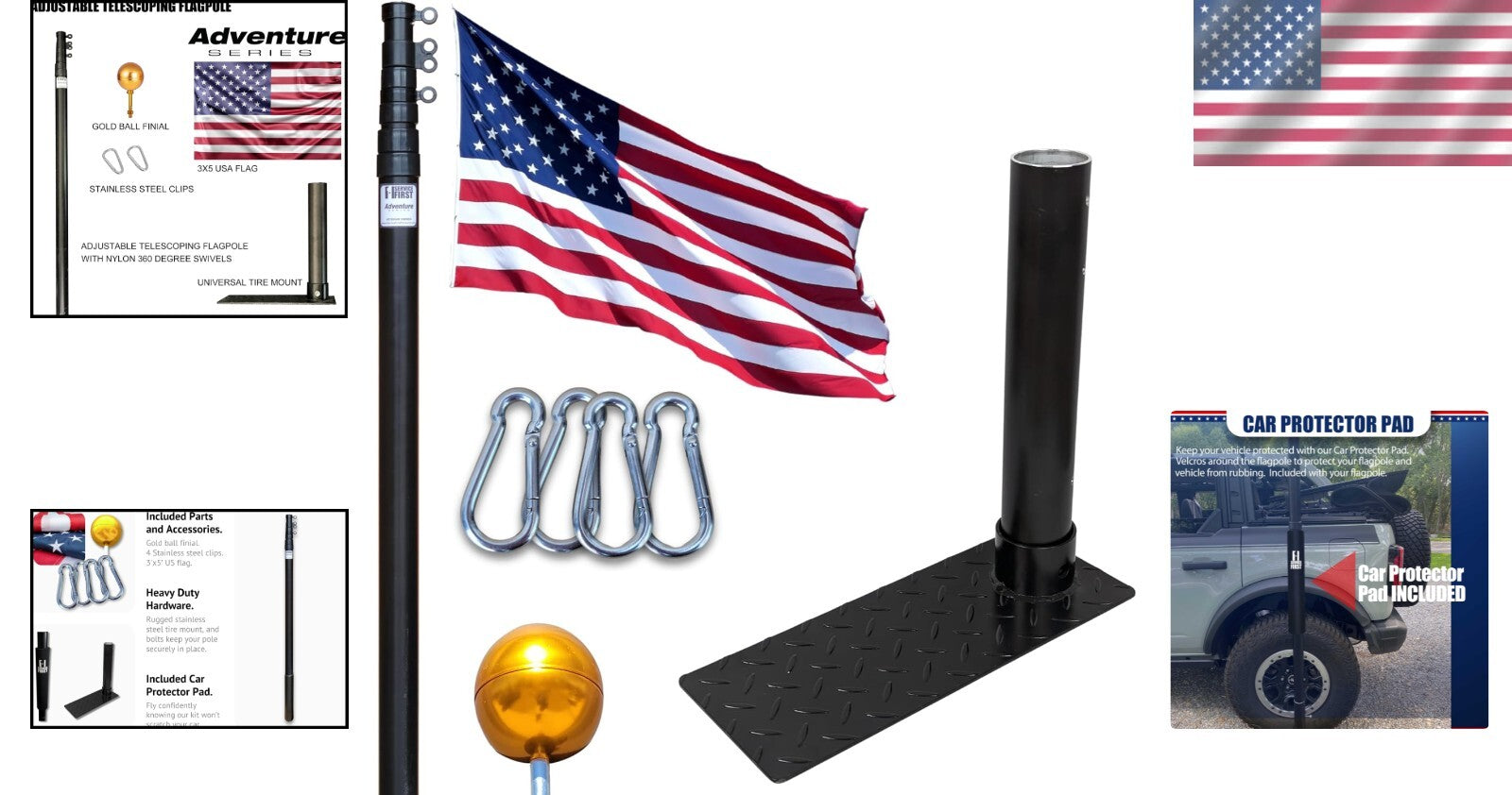 20FT Tailgate Flag Pole Kit with Stainless Steel Mount & Car Protector Pad