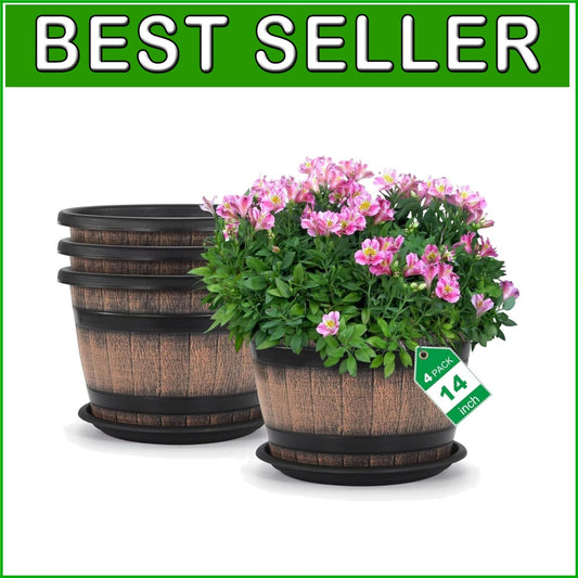 Elegant 14" Round Resin Flower Pots - 5-Gallon Whiskey Barrel Planter Design
