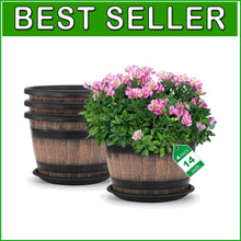 Load image into Gallery viewer, Elegant 14" Round Resin Flower Pots - 5-Gallon Whiskey Barrel Planter Design