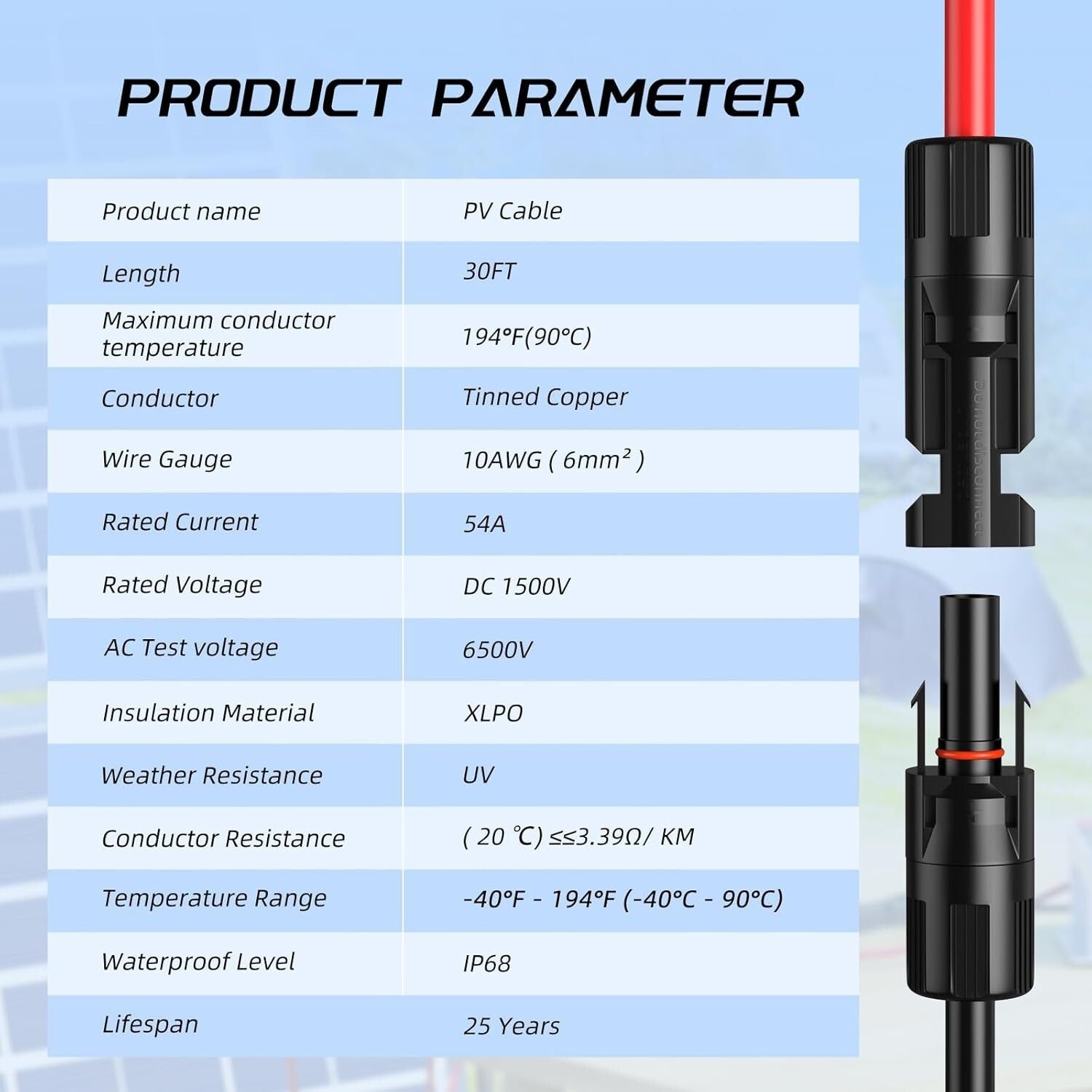 30FT 10AWG Solar Panel Extension Cable Set - Waterproof & Durable Connectors