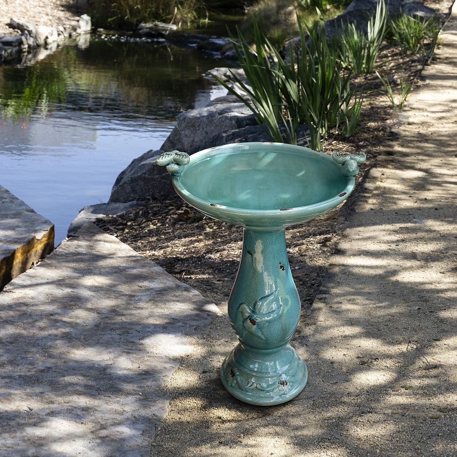 Antique Turquoise Ceramic Birdbath with Pedestal & 2 Bird Figurines - 25" Tall