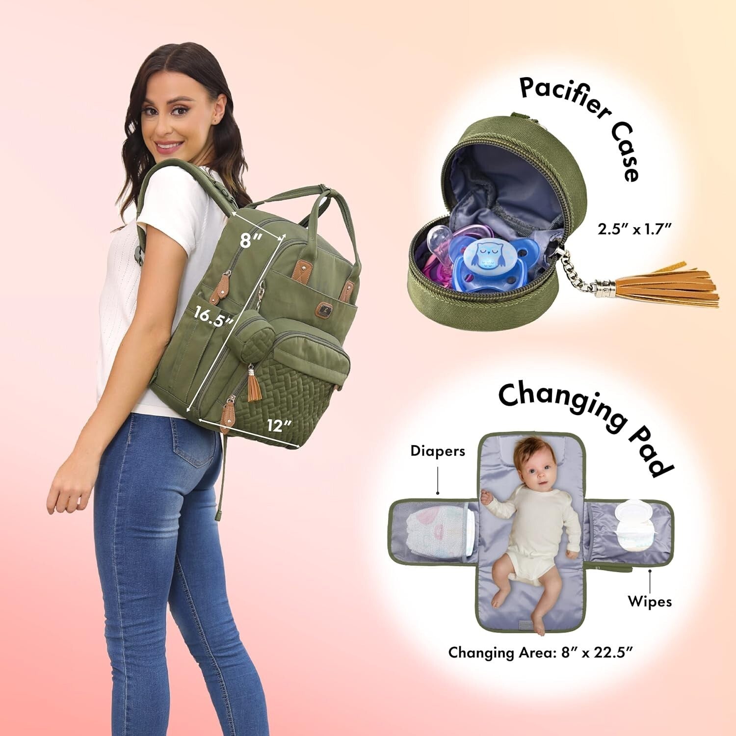Stylish Unisex Diaper Bag Backpack with Changing Pad & Stroller Straps - Green