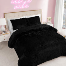 Load image into Gallery viewer, Luxurious Shaggy Faux Fur Black King Comforter Set - 3-Piece Glam Bedding