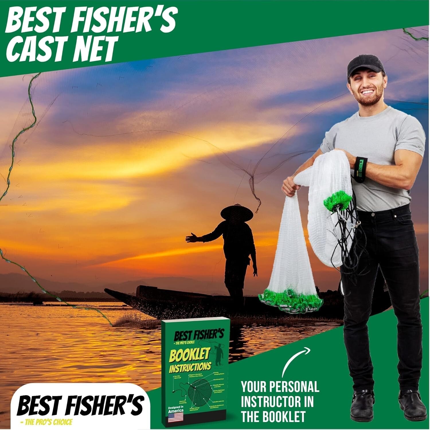 All-in-One Fishing Cast Net with Repair Kit - Sizes from 4ft to 12ft Available