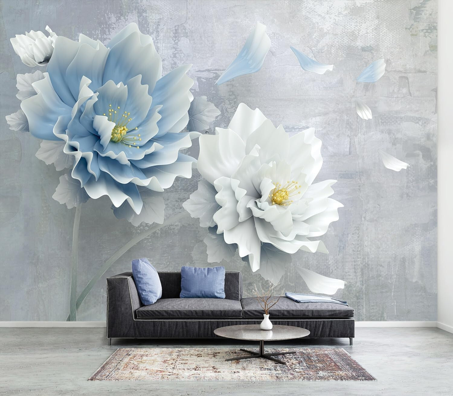 Luxury Blue Floral Silk Wallpaper Mural – Perfect for Bedrooms & More