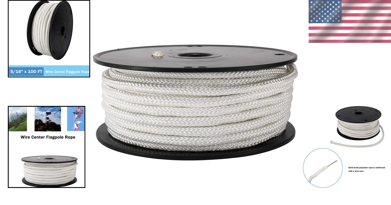 High-Strength 100 ft Wire Center Flagpole Rope - UV Resistant, Easy to Use