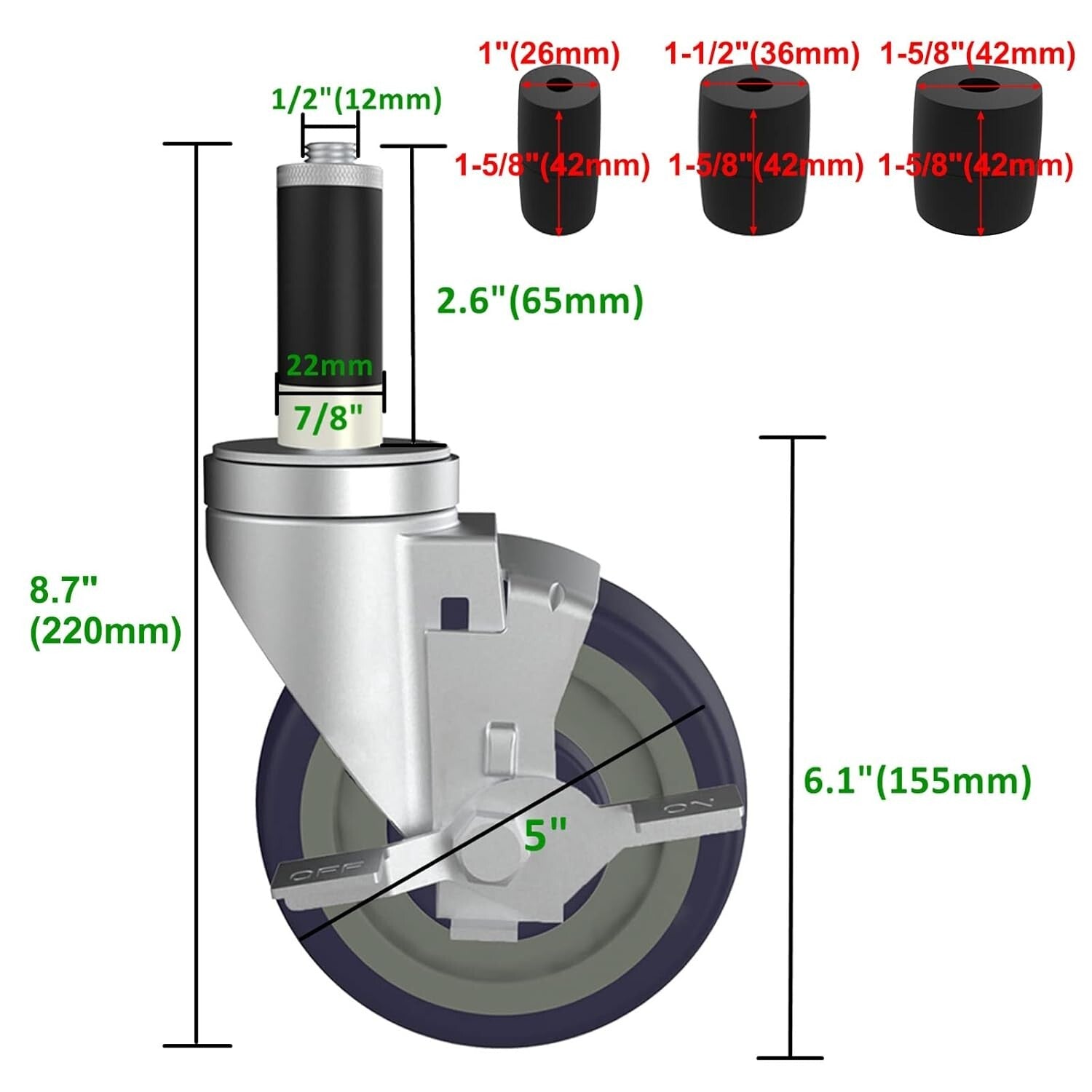 Adjustable 5-Inch Stem Caster Wheels Set for Easy Table Mobility and Height Lift