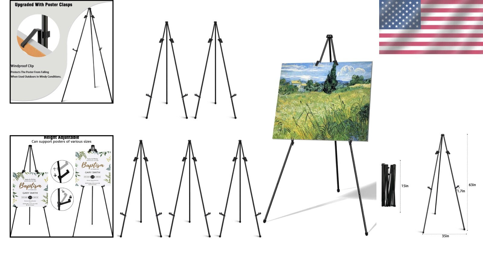 6 Pack Folding Easels for Stylish Displays - Portable & Adjustable to 66-Inch