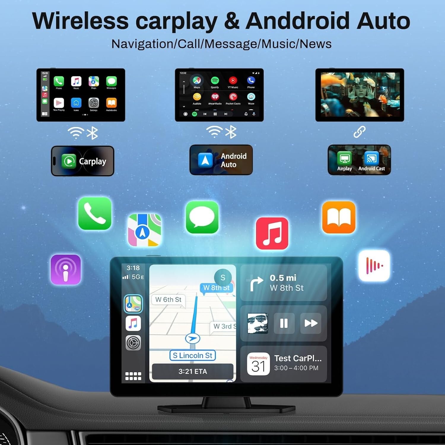 Portable 9-Inch Carplay Screen with 1080p Backup Camera & GPS Navigation