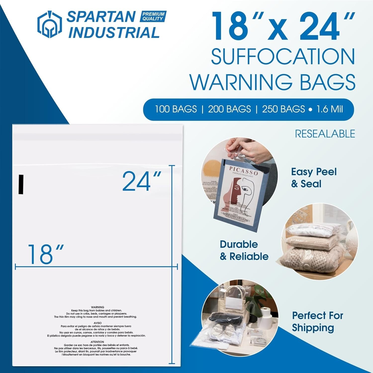 200 Count Clear 18” x 24” Self-Seal Bags with Suffocation Alert Compliance