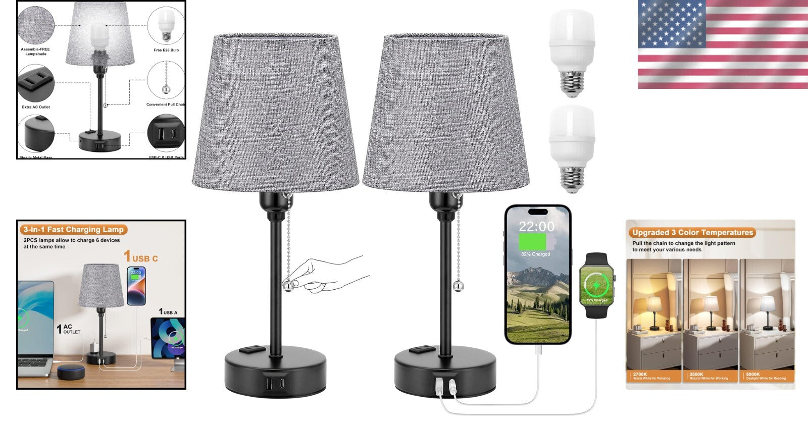 Dimmable Gray Bedside Lamps with Built-in USB Charge & 3 Light Settings - 2 Pack