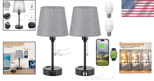Dimmable Gray Bedside Lamps with Built-in USB Charge & 3 Light Settings - 2 Pack