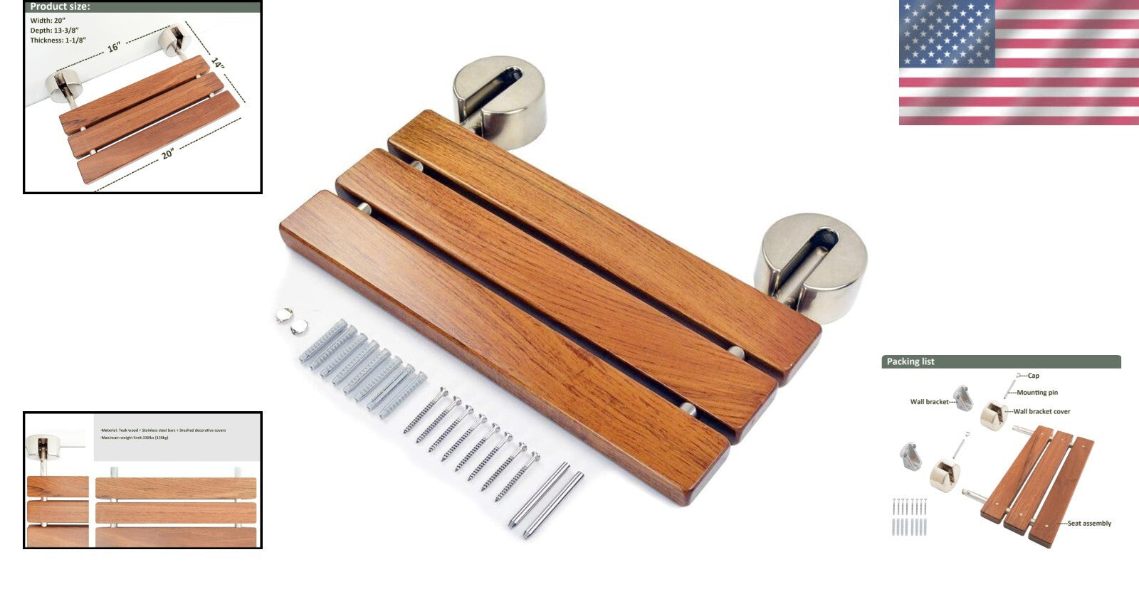 Modern Shower Seat with Brushed Stainless Steel - Space-Saving Teak Wood Design