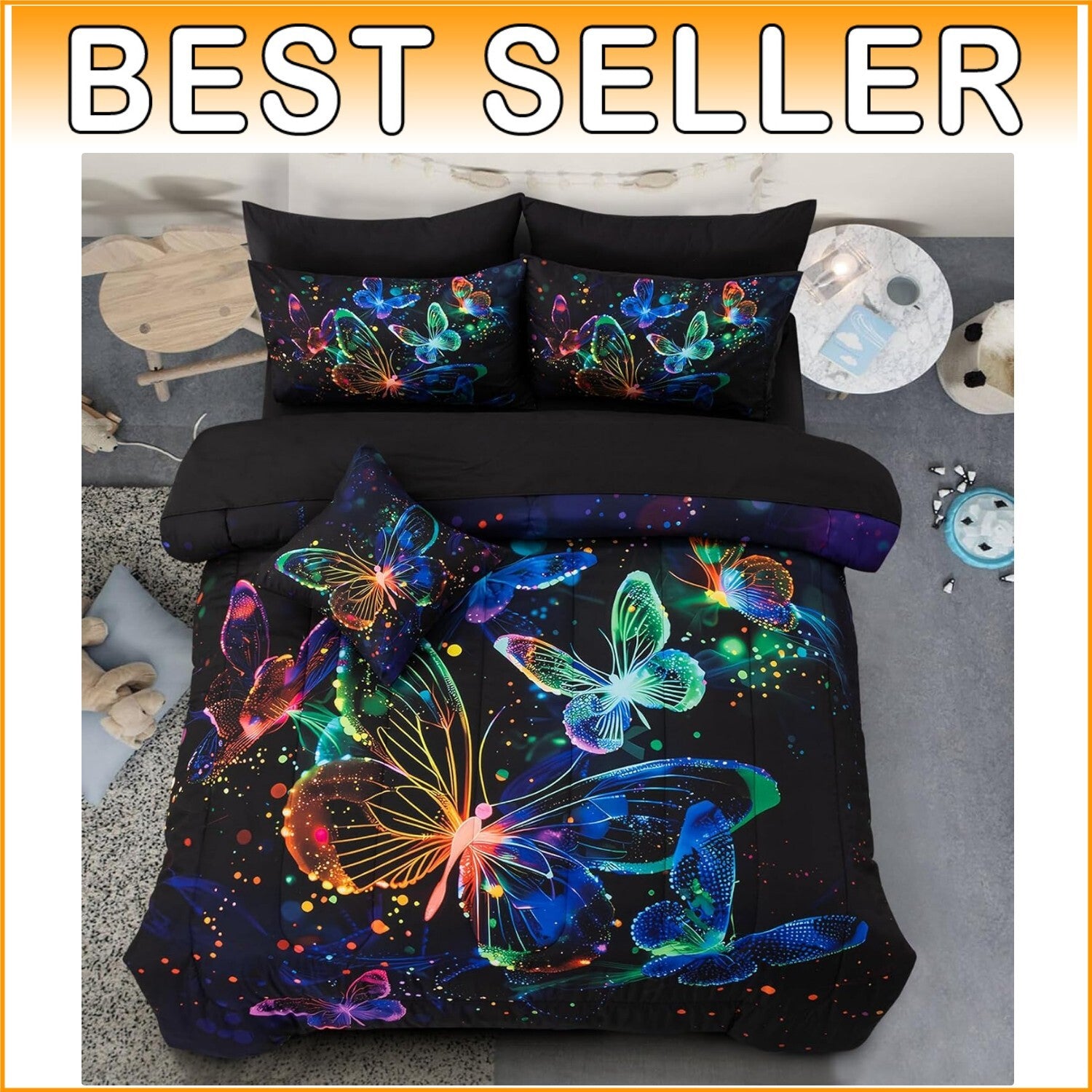 Galaxy-Themed Butterfly Printed Bedding Set - Full Comforter & Pillows Included
