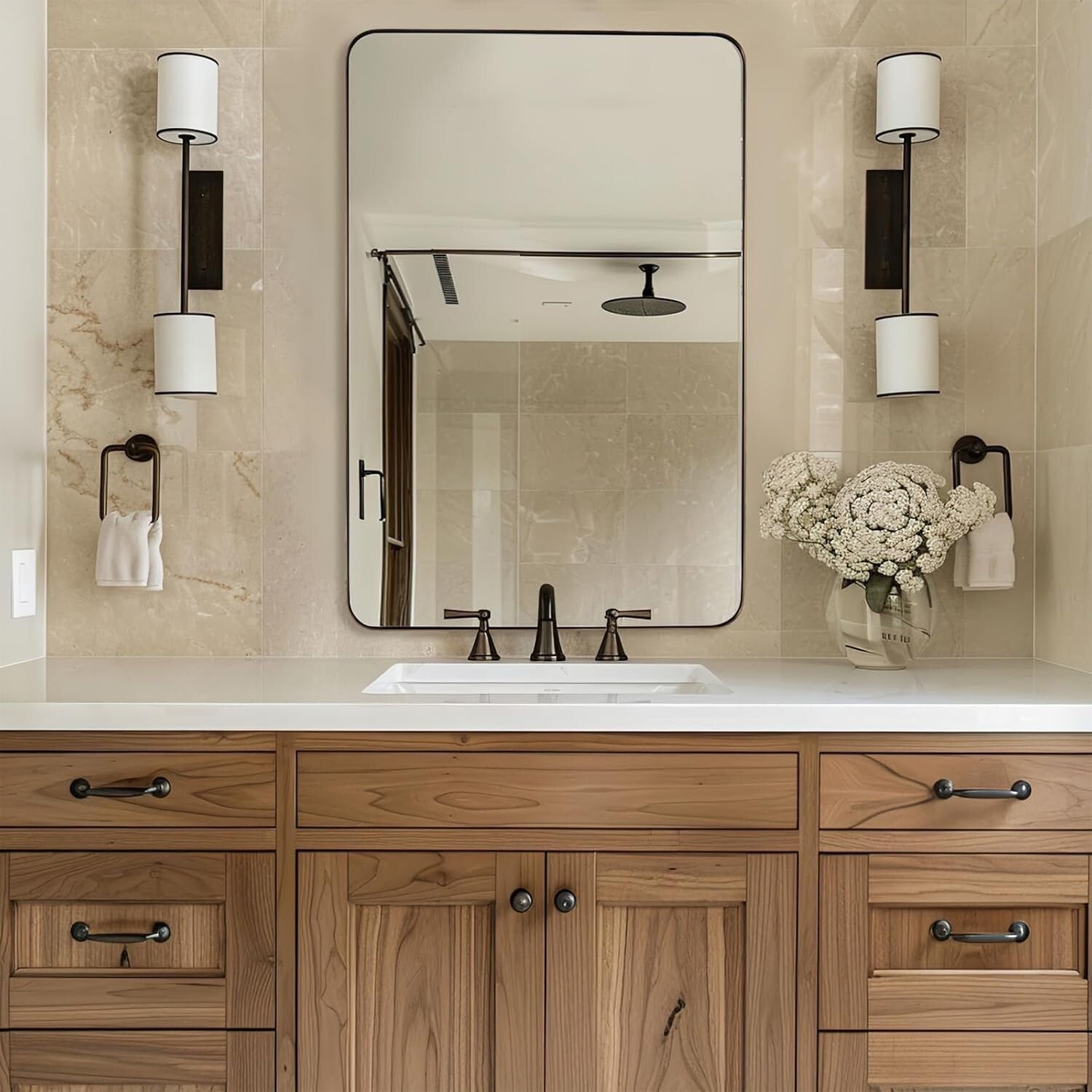 Brushed Bronze Bathroom Mirror, 24"x36" Rounded Rectangle, Stainless Steel Frame