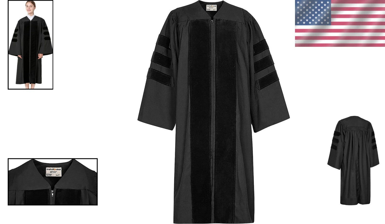 Customizable Women's Doctoral Gown with Velvet Bars - Elegant Graduation Attire