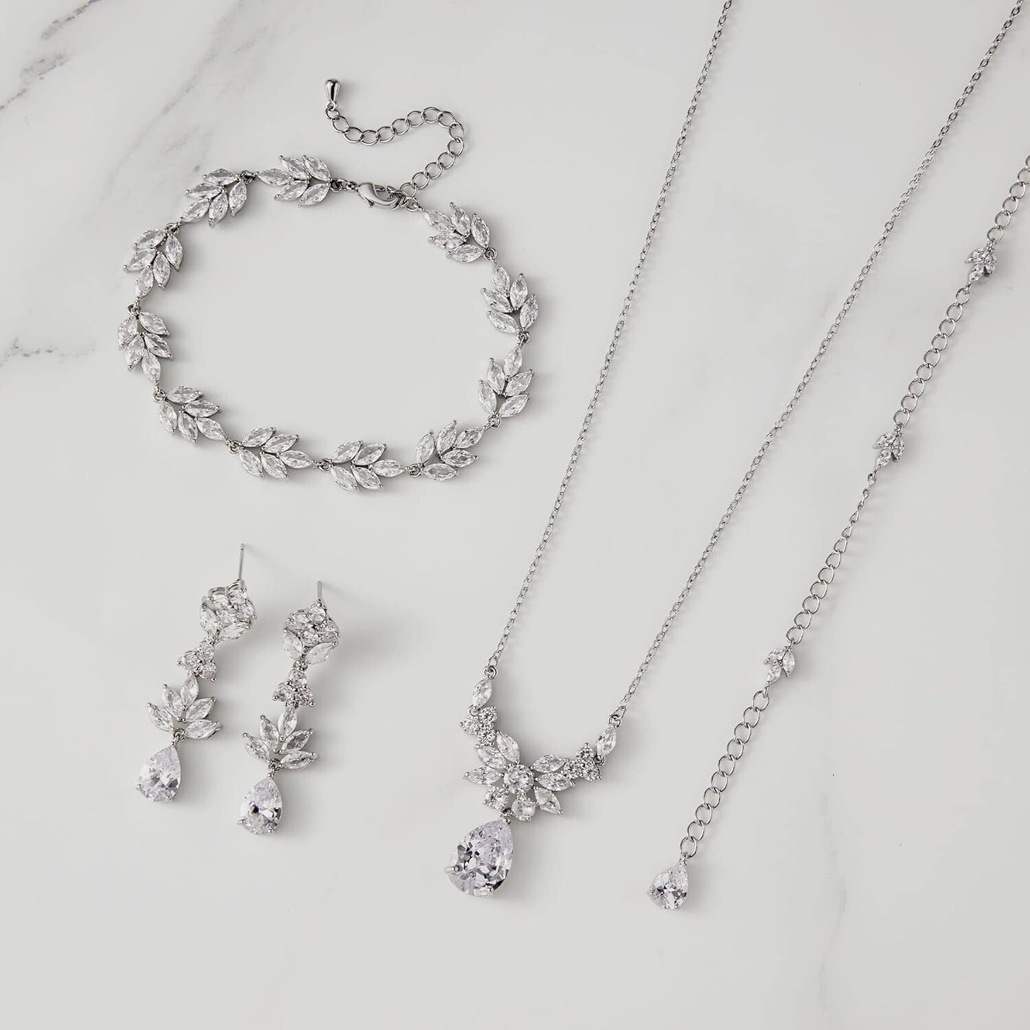 Dainty Women's Wedding Jewelry Set - Cubic Zirconia Necklace & Earring Pair