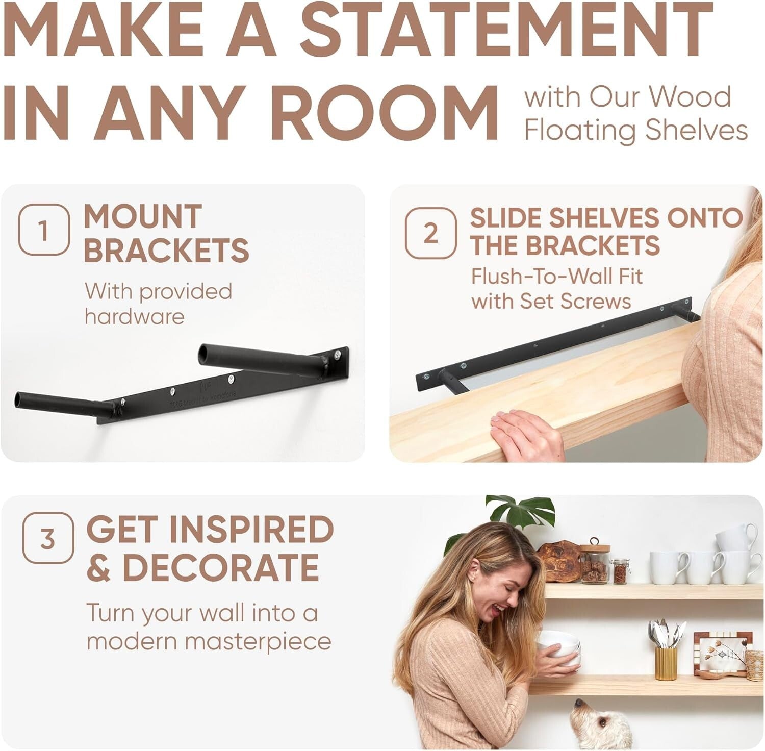 48 Inch Durable Floating Shelves for Wall - Modern Pine Wood Styling