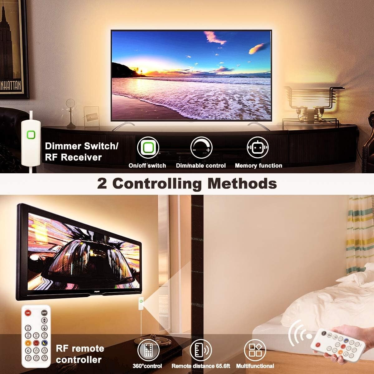 65.6ft Dimmable Warm White LED Strip Lights with RF Remote - Perfect Ambiance
