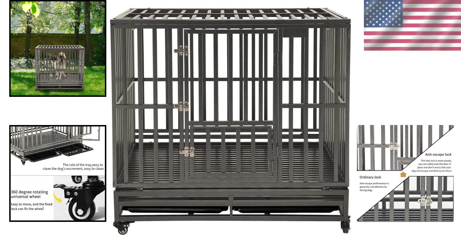 42" Heavy-Duty Dog Crate with Lockable Wheels for Large Breeds - Easy Clean