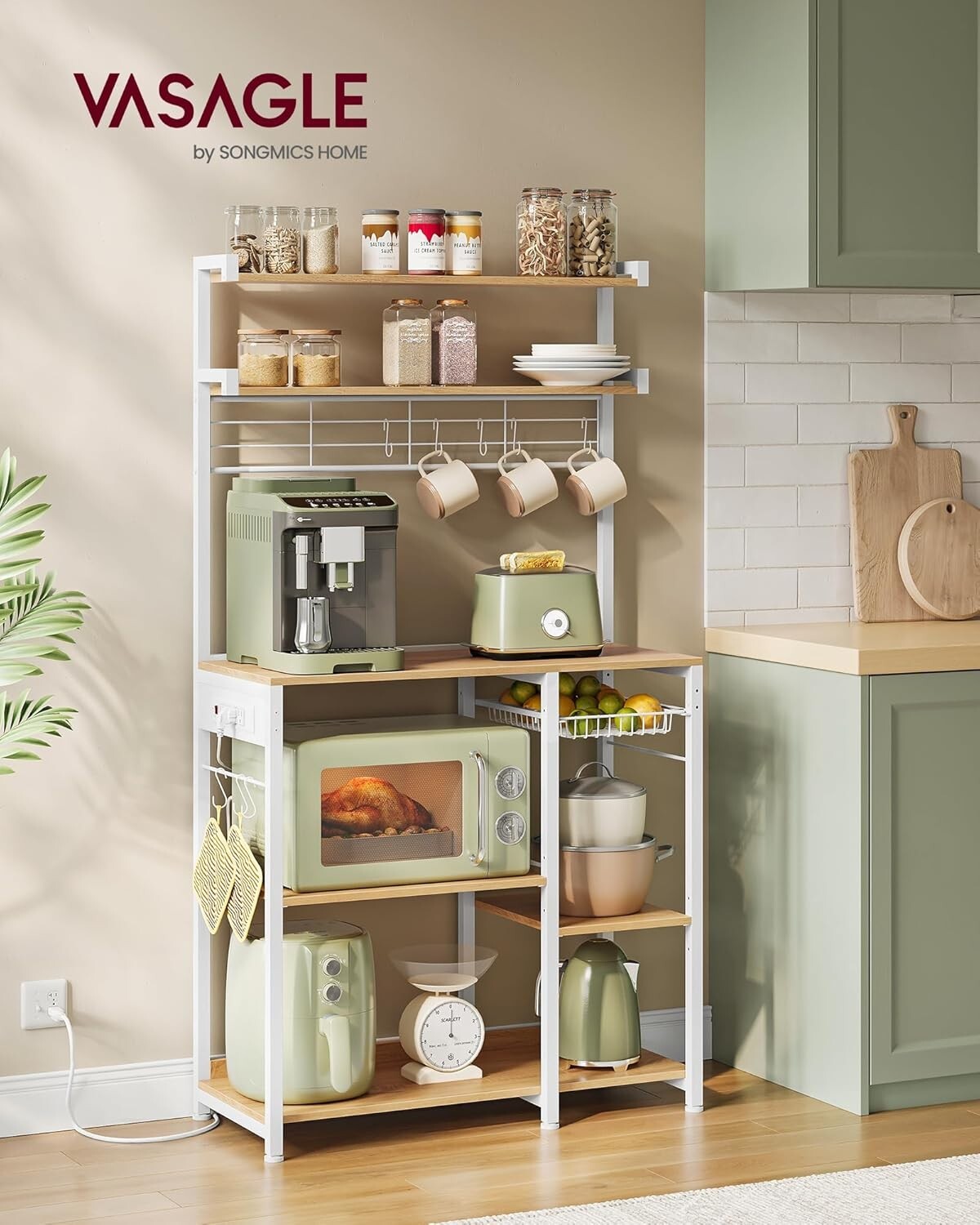 Space-Saving Kitchen Storage Rack with 4 Power Outlets & Adjustable Design