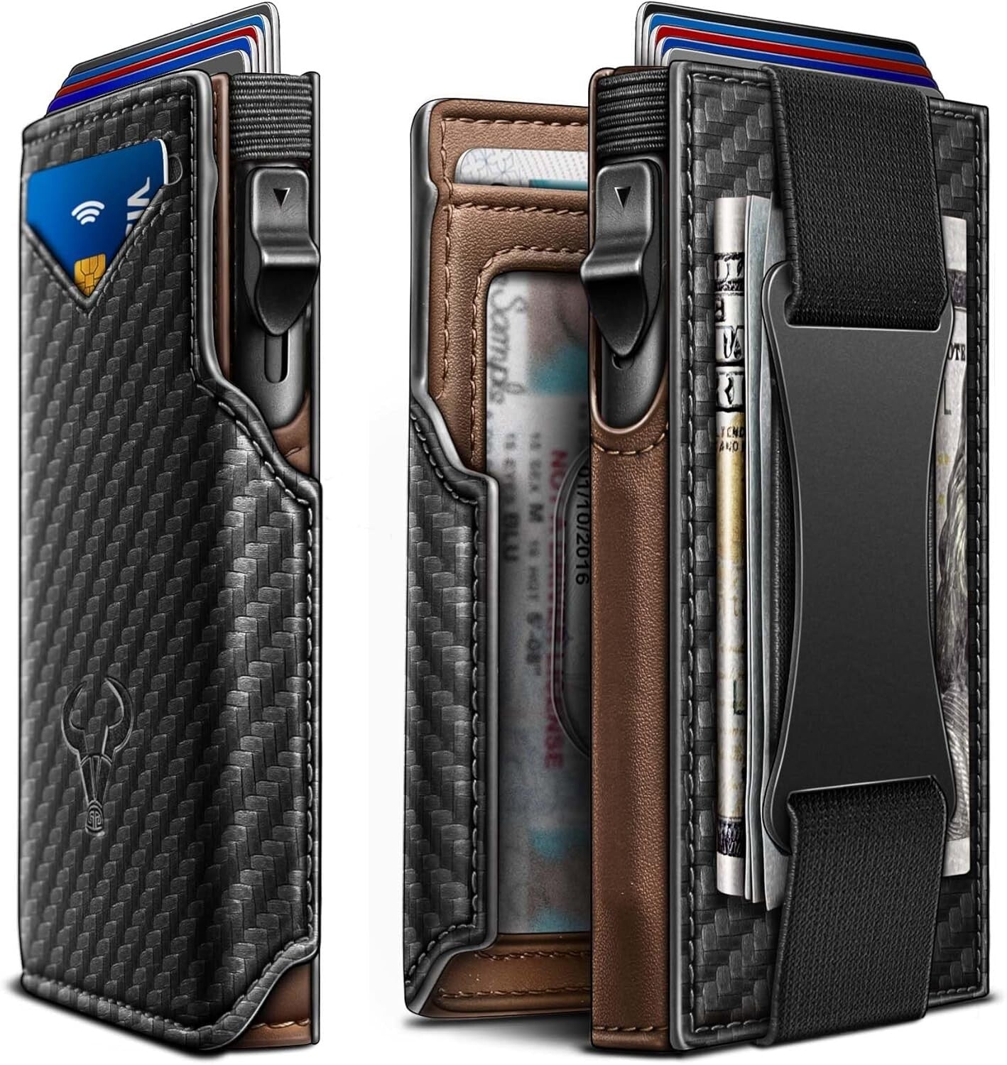 Men's Carbon Fiber Leather Wallet - Magnetic Flip, Pop-Up Cash & Card Holder