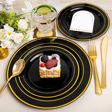 Load image into Gallery viewer, Comprehensive Black and Gold Disposable Dinnerware Set - 600 Pieces Included