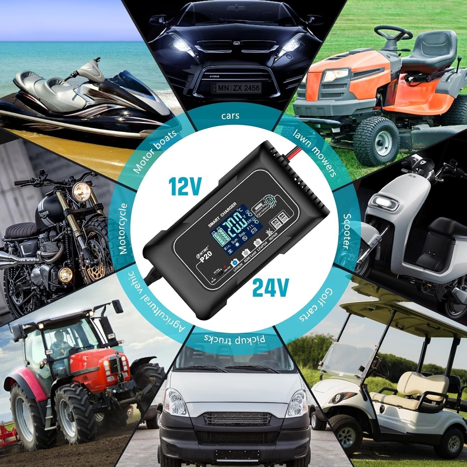 Versatile 12V/24V Battery Charger with 3 Adjustable Gears and Safety Features