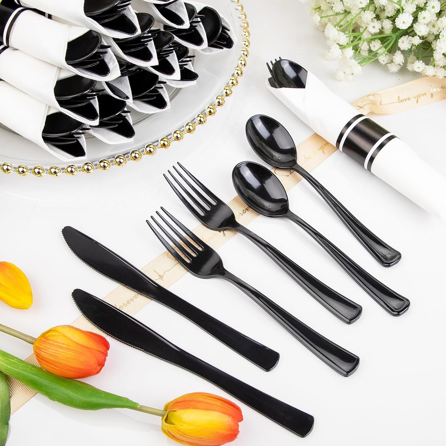60-Pack Heavy Duty Pre-Wrapped Black Plastic Cutlery with Napkins - Elegant &...
