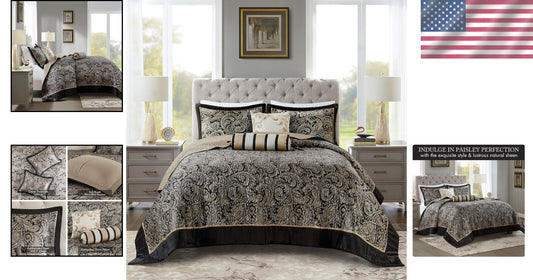 5-Piece Black Quilted Bedding Set with Decorative Pillows - All Season Comfort