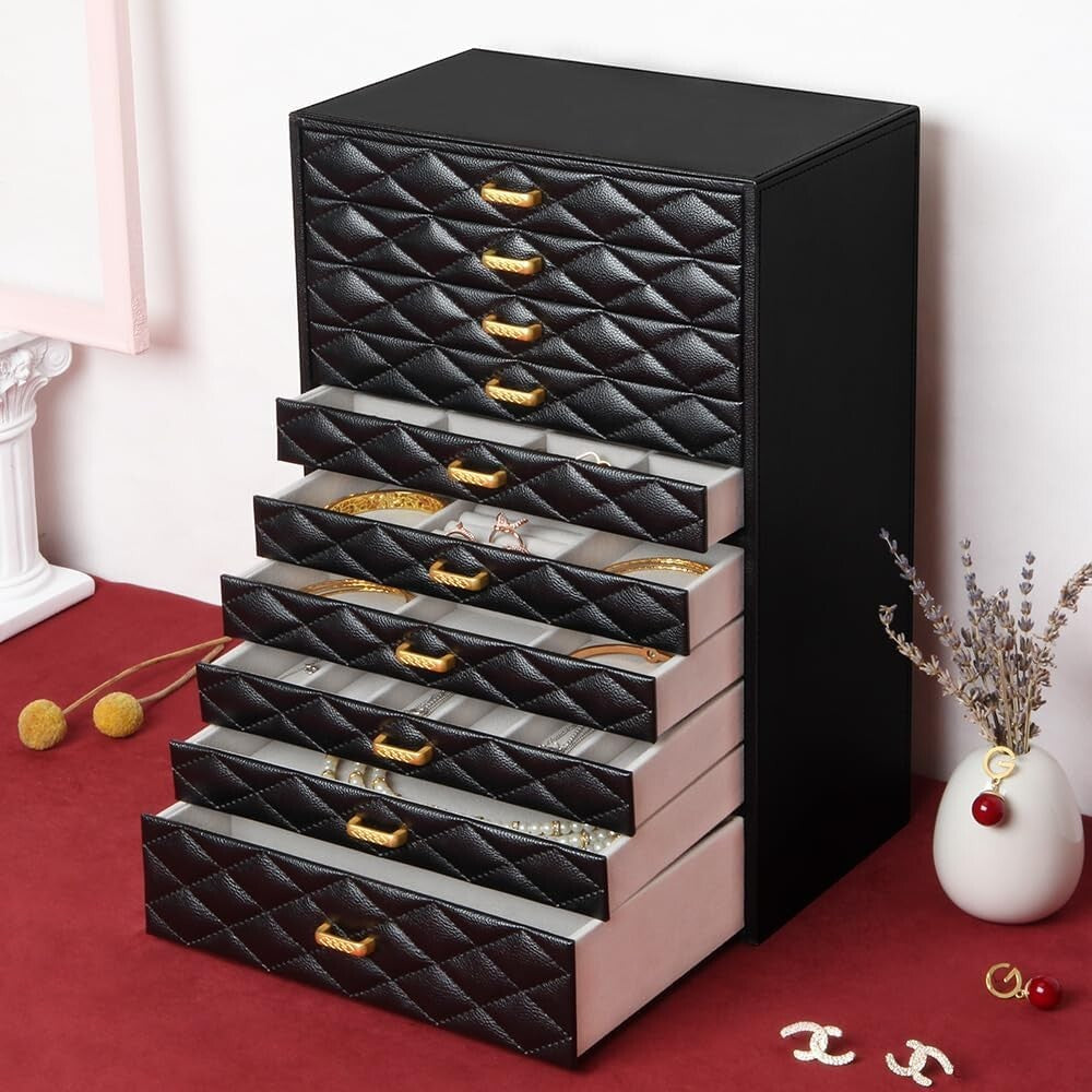 Elegant 10-Compartment Jewelry Case - Black Faux Leather with Velvet Interior