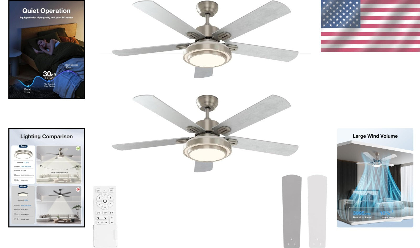 Whisper-Quiet 52-Inch Ceiling Fan & LED Light with Timer - Remote Control 2 Pack