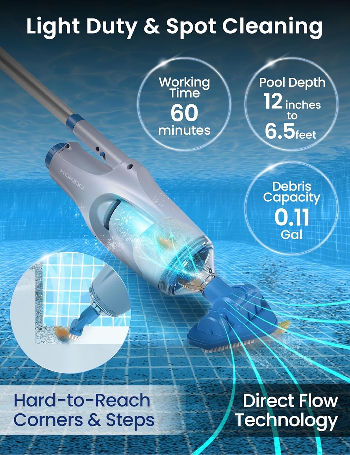 Efficient Handheld Vacuum for Pools - Quiet Operation & Dual Detachable Heads