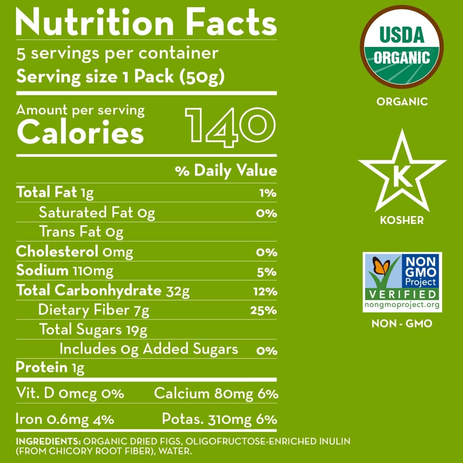 Delicious Sun-Dried Organic Figs with Chicory Fiber - 5 Convenient Snack Packs