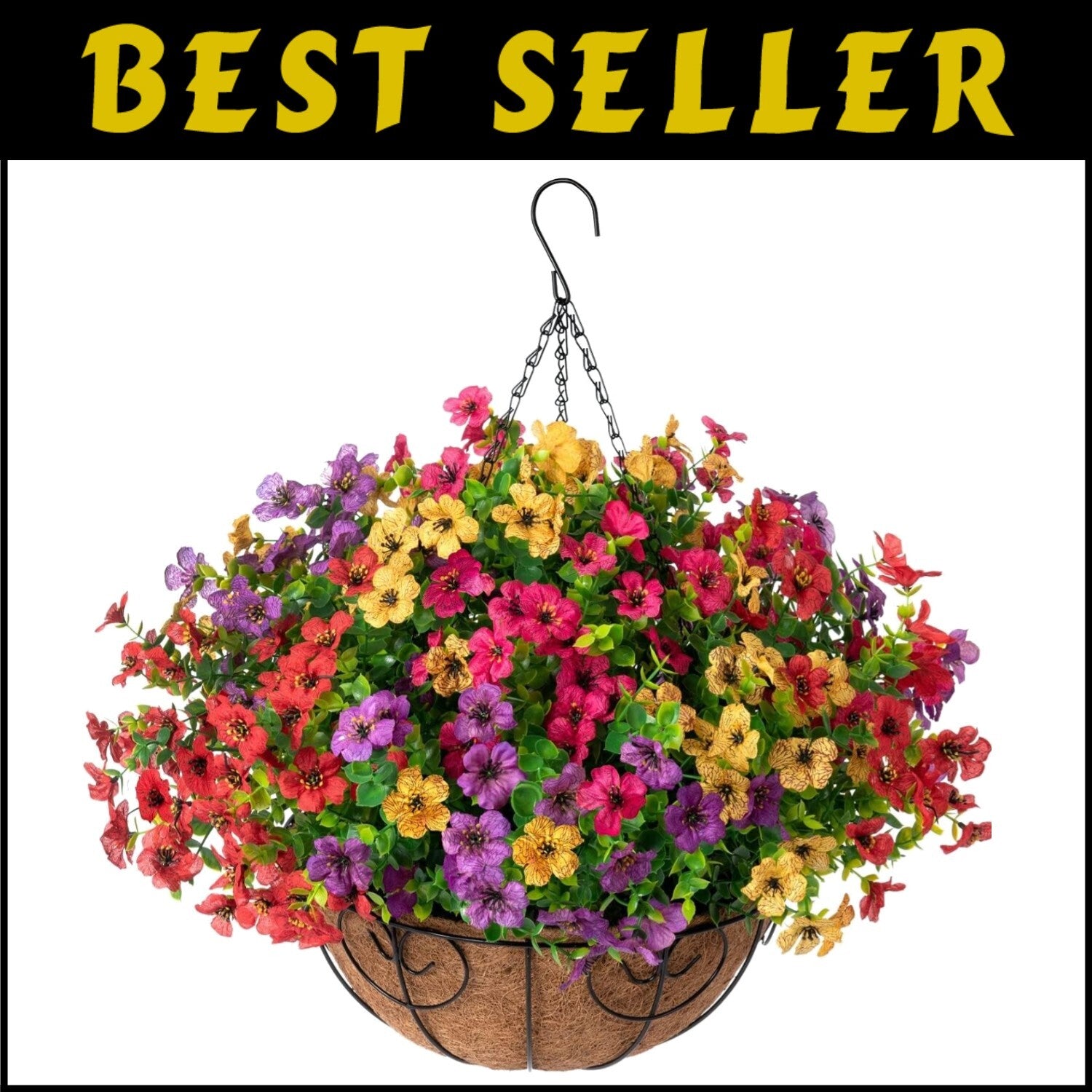 Beautiful Silk Flower Hanging Basket with Rattan for Porches and Gardens