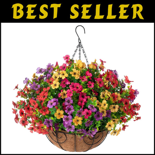 Beautiful Silk Flower Hanging Basket with Rattan for Porches and Gardens
