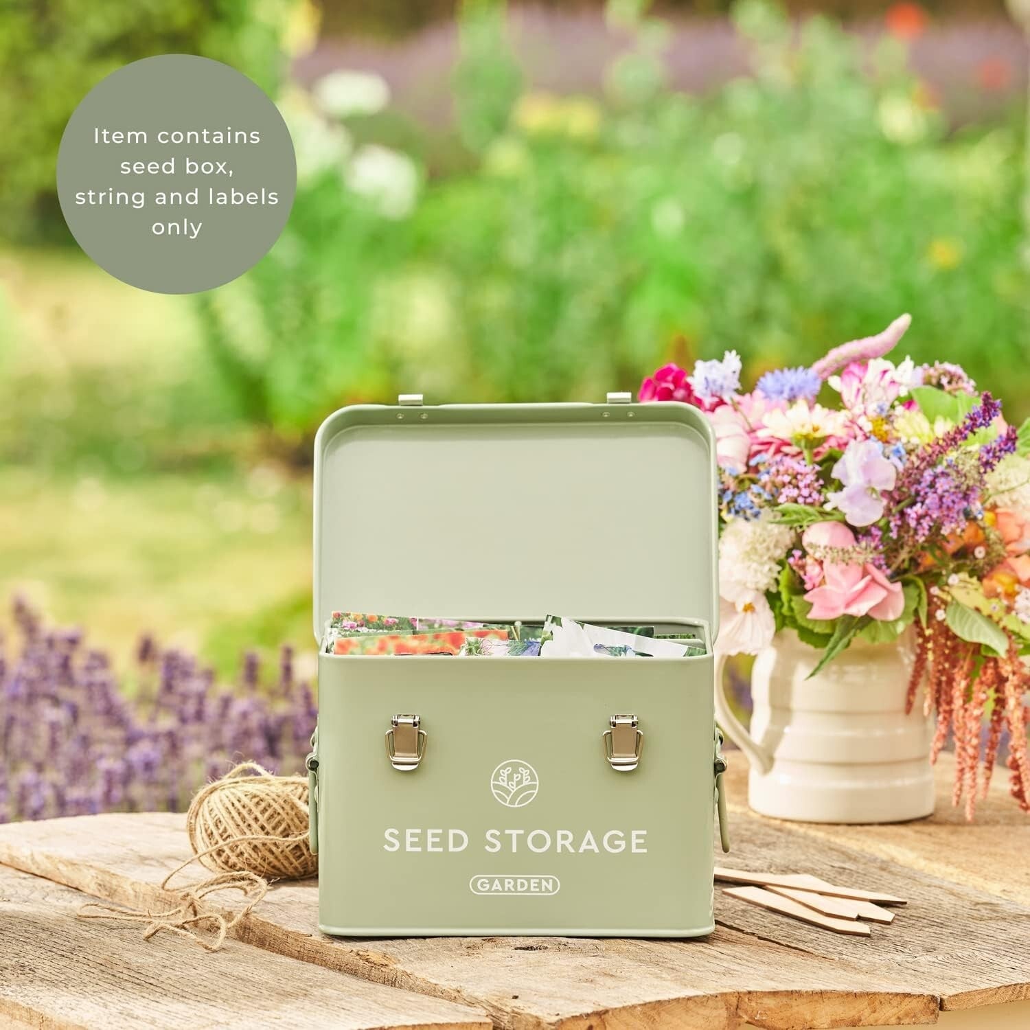 Elegant Metal Seed Storage Box with 3 Compartments & Bamboo Labels - Green