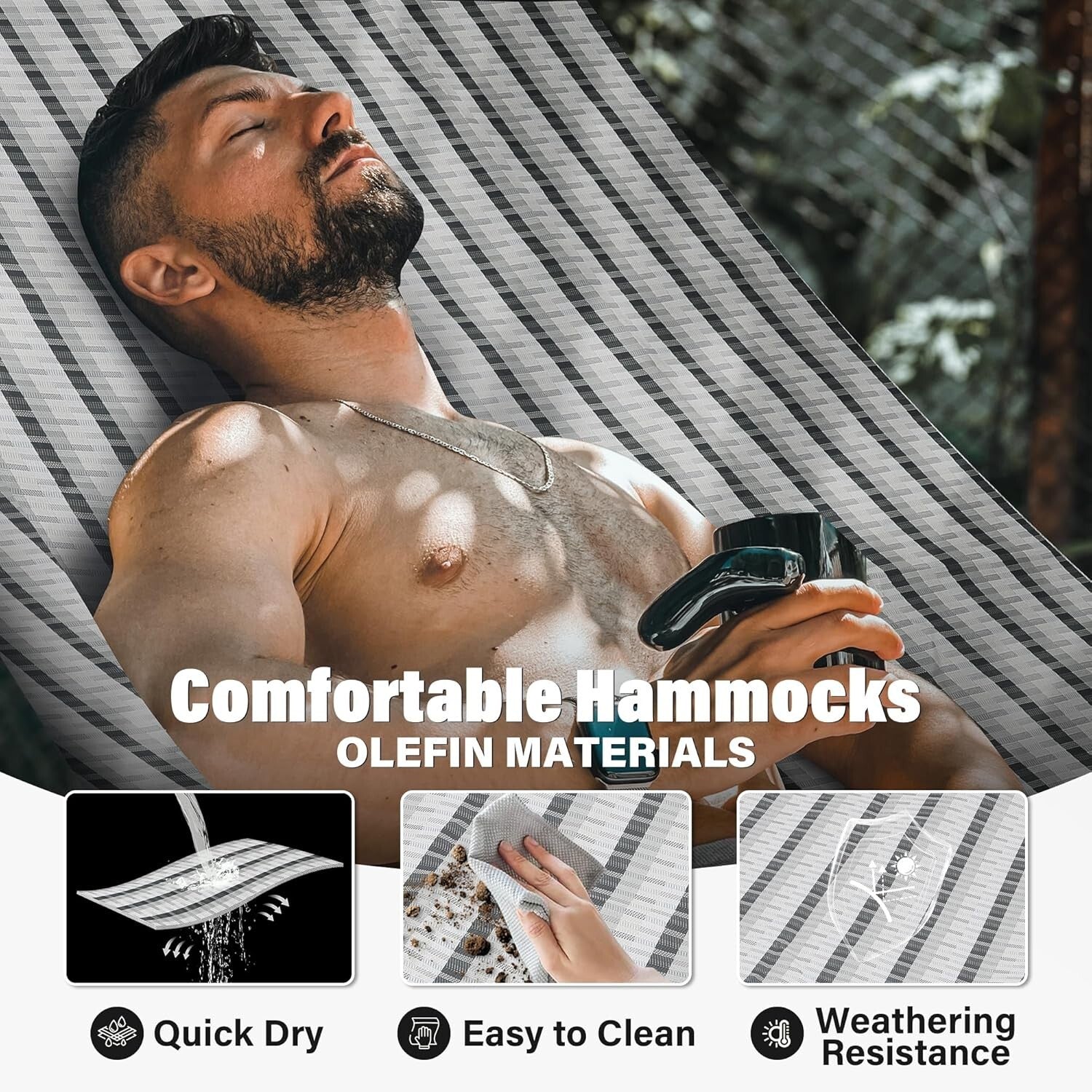 Luxurious Grey Plaid 13 FT Double Hammock - Quick Dry & Heavy Duty Support