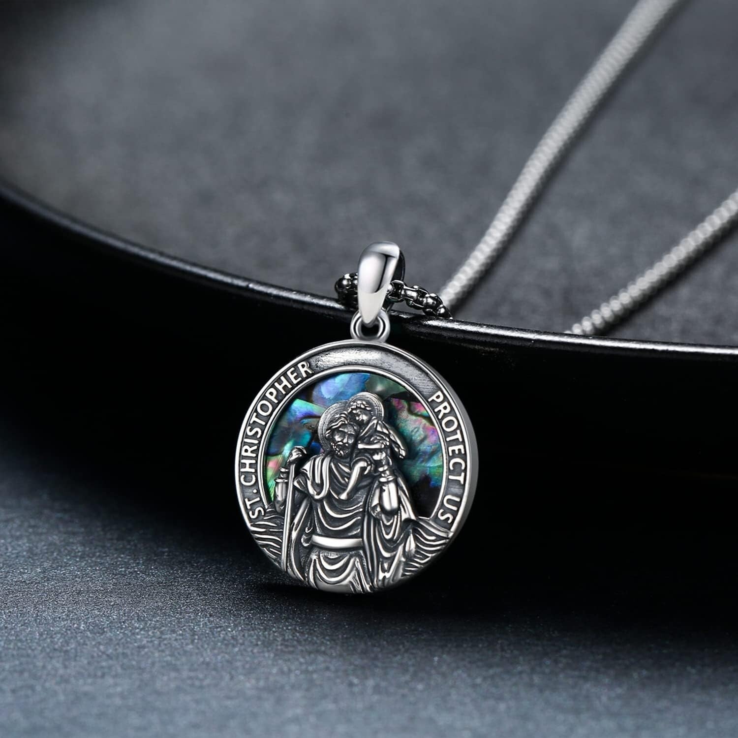 Elegant St Christopher Protection Necklace - 925 Silver and Abalone Gift Boxed