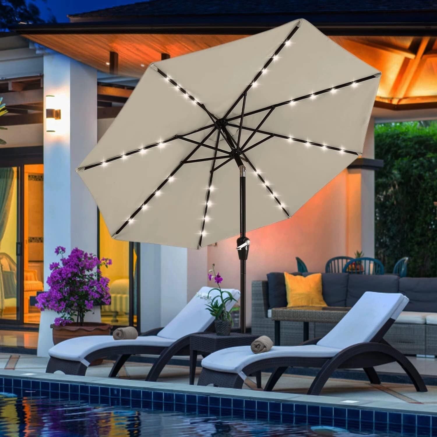 Versatile 9FT Solar Powered Patio Umbrella with 32 LED Lights for Outdoor Use