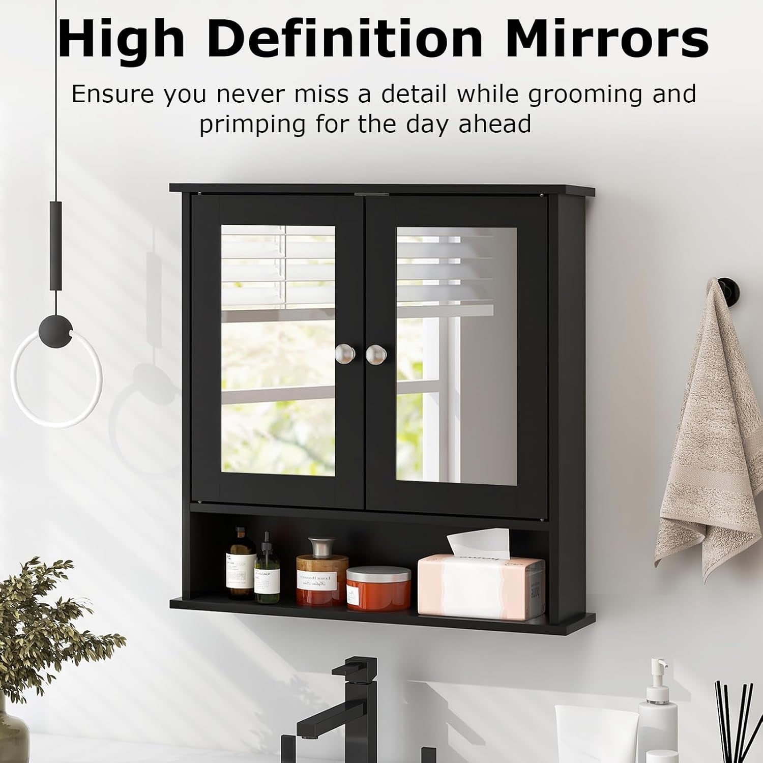 Black Wooden Bathroom Organizer with Double Mirror Doors - Space-Saving Design