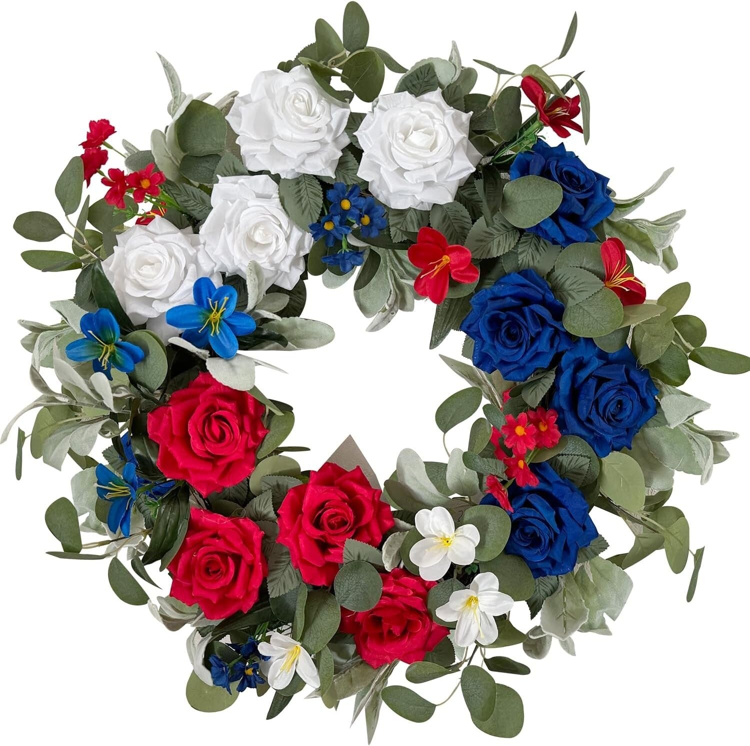 Vibrant 24-Inch Red White Blue Rose Wreath - Perfect for Independence Day