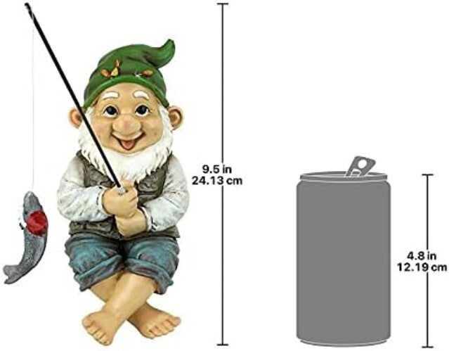 Charming Ziggy Fishing Gnome 9" Tall Cast Stone Resin Shelf Sitter Statue