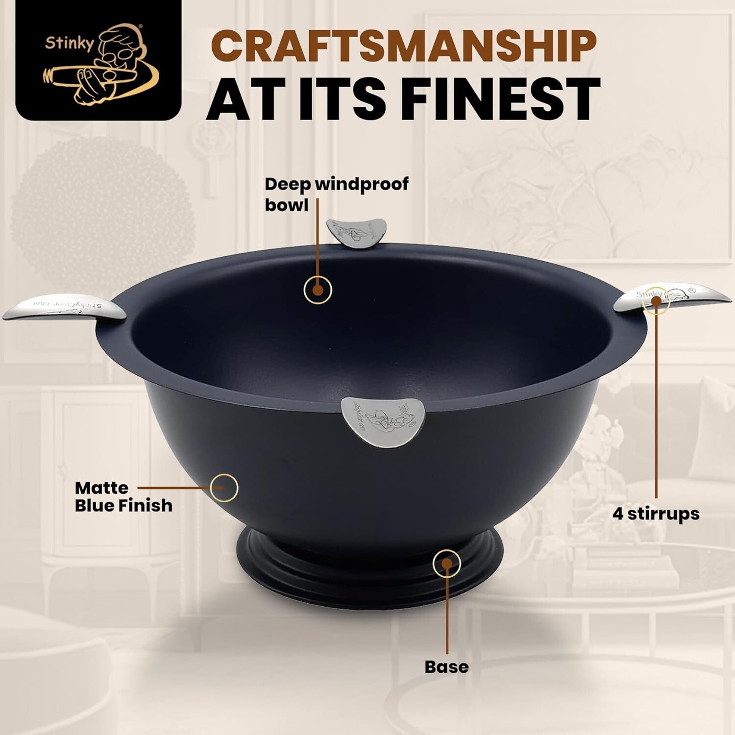 Sleek 8-Inch Matte Blue Ashtray with 4 Stirrups – Perfect for Indoor/Outdoor Use